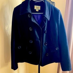 Black pea coat in petite large, purple lining
